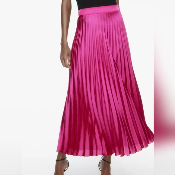 ZARA SATIN EFFECT PLEATED MIDI SKIRT FUCHSIA PINK M L NWT elastic waist - Picture 2 of 9